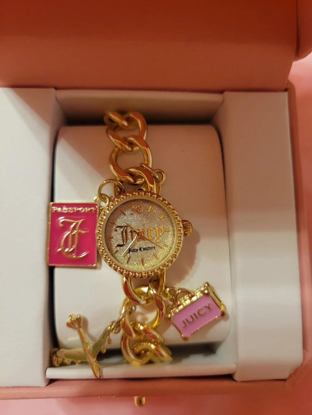 Juicy Couture Gold-tone Bracelet with Pink Enamel Charms